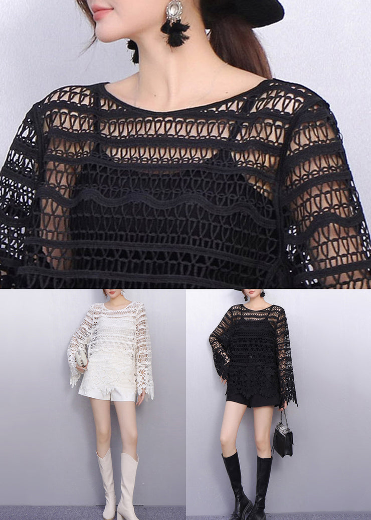 Elegant All Black Look Hollow Out Lace T Shirt Fall