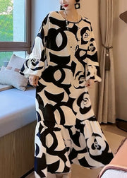 Elegant And Lazy Style Black And White Contrast Large Flower Floral Pattern Satin Texture Dress Flare Sleeve