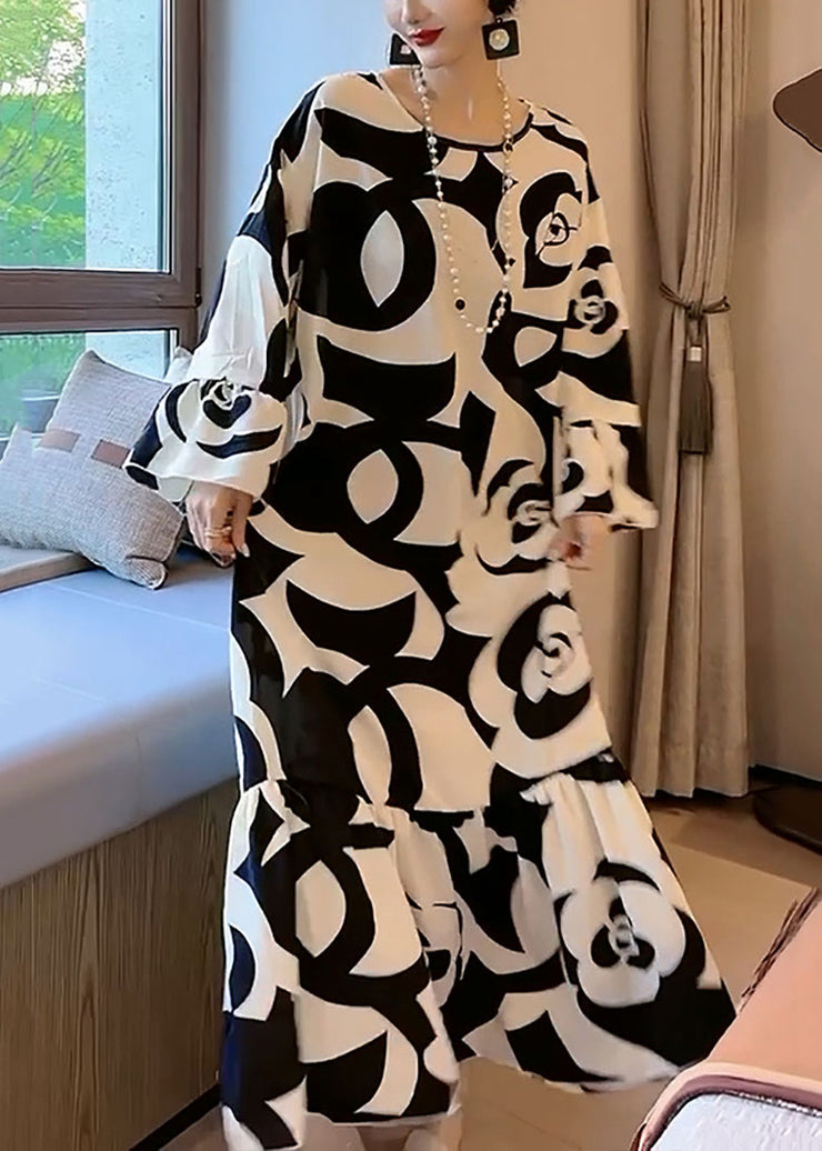 Elegant And Lazy Style Black And White Contrast Large Flower Floral Pattern Satin Texture Dress Flare Sleeve