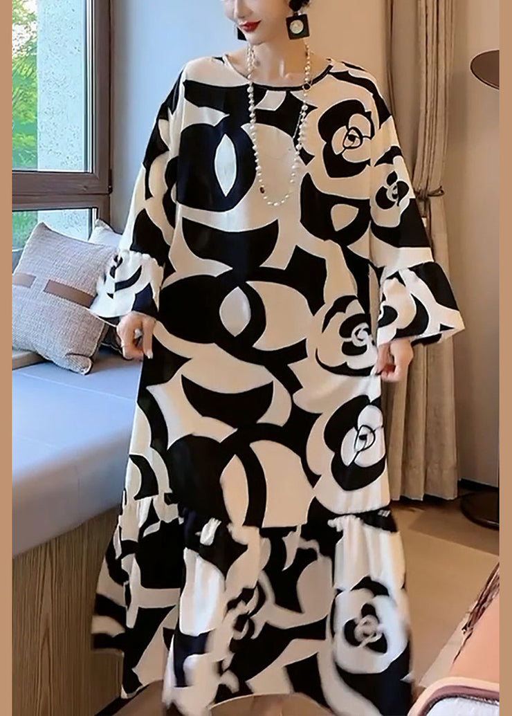 Elegant And Lazy Style Black And White Contrast Large Flower Floral Pattern Satin Texture Dress Flare Sleeve