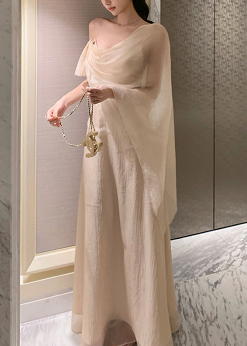 Elegant Apricot Asymmetrical Solid Silk Maxi Dresses Summer