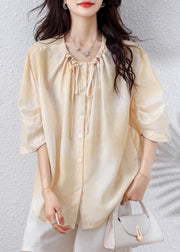 Elegant Apricot Drawstring Nail Bead Cotton Blouse Top Half Sleeve