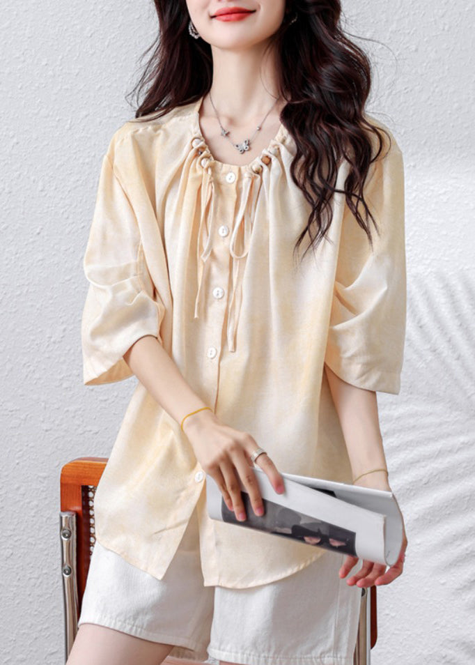 Elegant Apricot Drawstring Nail Bead Cotton Blouse Top Half Sleeve