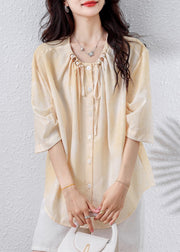 Elegant Apricot Drawstring Nail Bead Cotton Blouse Top Half Sleeve