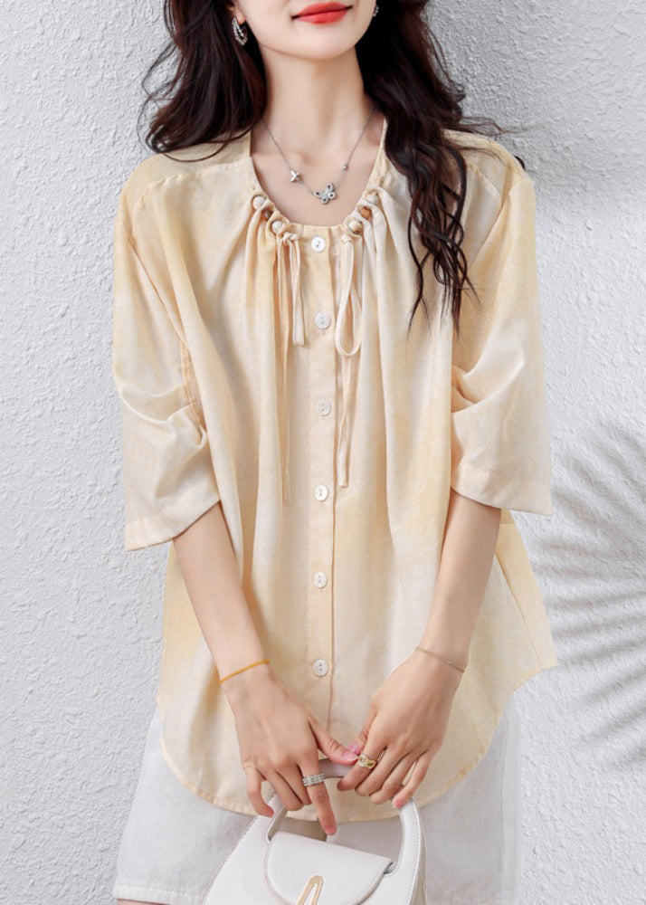 Elegant Apricot Drawstring Nail Bead Cotton Blouse Top Half Sleeve