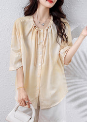 Elegant Apricot Drawstring Nail Bead Cotton Blouse Top Half Sleeve