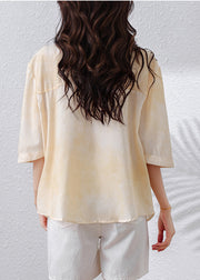 Elegant Apricot Drawstring Nail Bead Cotton Blouse Top Half Sleeve
