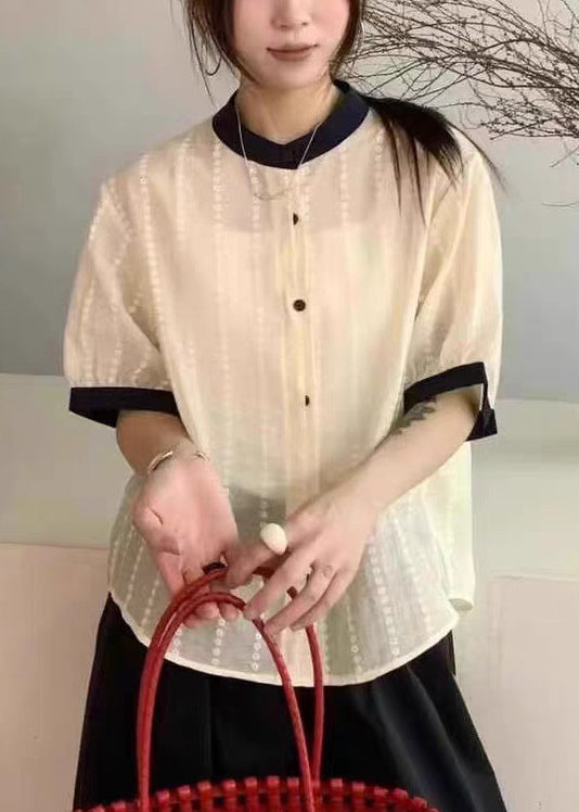 Elegant Apricot Embroidered Button Cotton Shirts Summer
