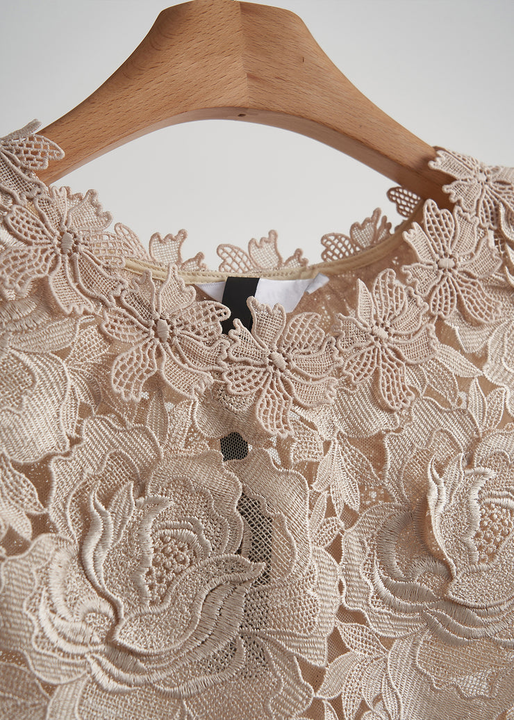 Elegant Apricot Embroidered Floral Lace Vests Sleeveless