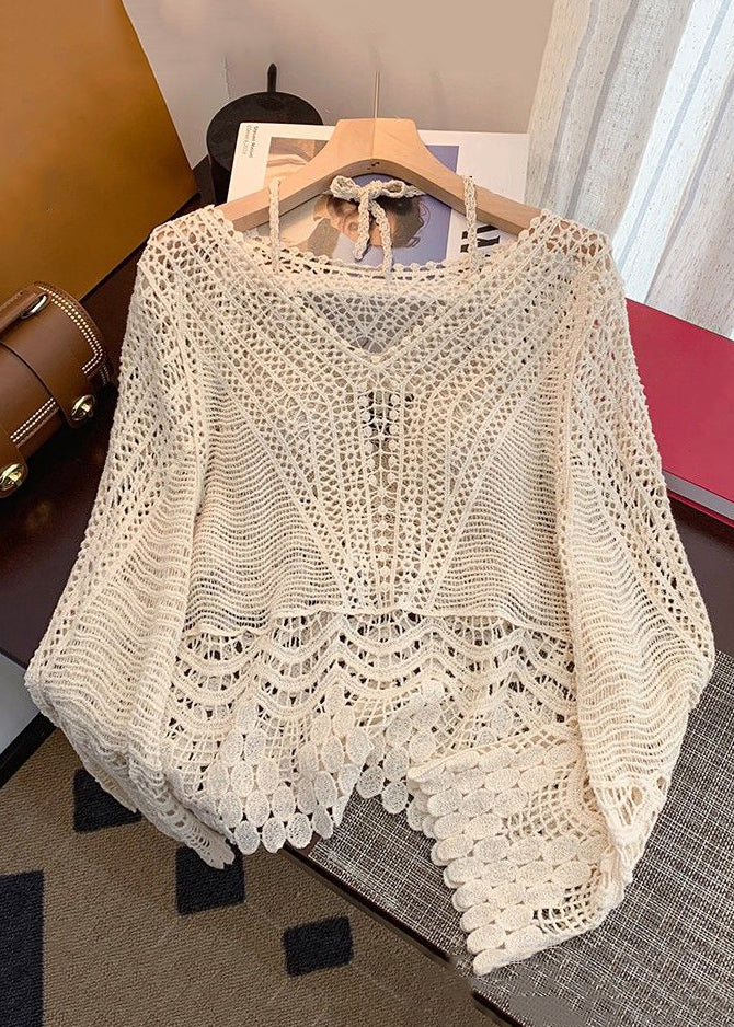 Elegant Apricot Hollow Out Lace Up Knit Two Pieces Set Spring