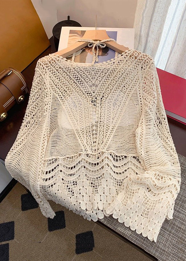 Elegant Apricot Hollow Out Lace Up Knit Two Pieces Set Spring