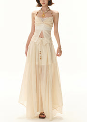 Elegant Apricot Lace Tops And Skirts Patchwork Two Pieces Set Sleeveless
