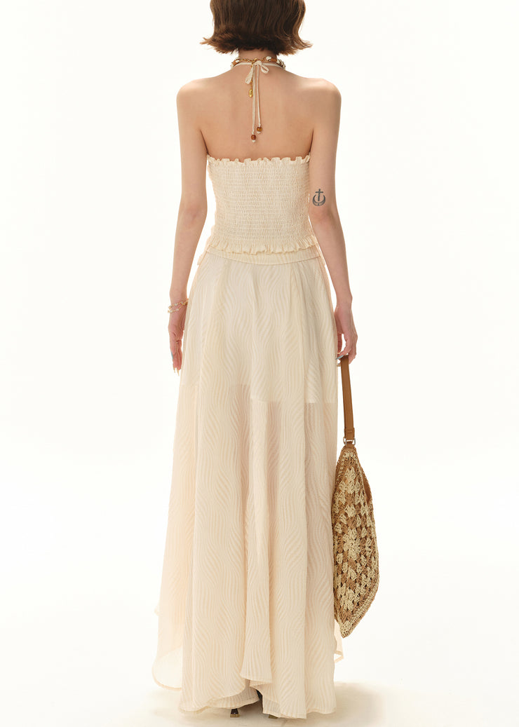 Elegant Apricot Lace Tops And Skirts Patchwork Two Pieces Set Sleeveless