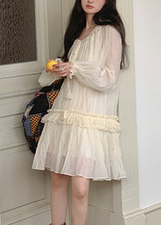 Elegant Apricot Lace Up Ruffled Silk Mini Dresses Fall
