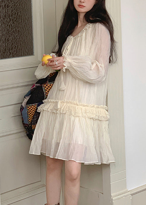 Elegant Apricot Lace Up Ruffled Silk Mini Dresses Fall