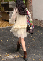 Elegant Apricot Lace Up Ruffled Silk Mini Dresses Fall