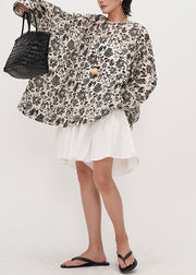 Elegant Apricot Oversized Print Linen Pullover Top Fall
