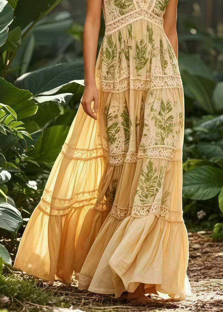 Elegant Apricot Print Exra Large Hem Cotton Sundresses Summer