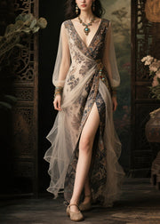 Elegant Apricot Print Side Open Chiffon Party Dress Summer