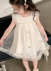 Elegant Apricot Ruffled Butterfly Patchwork Tulle Baby Girls Dress Summer