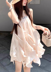 Elegant Apricot Sequins Solid Silk Spaghetti Strap Dress Sleeveless