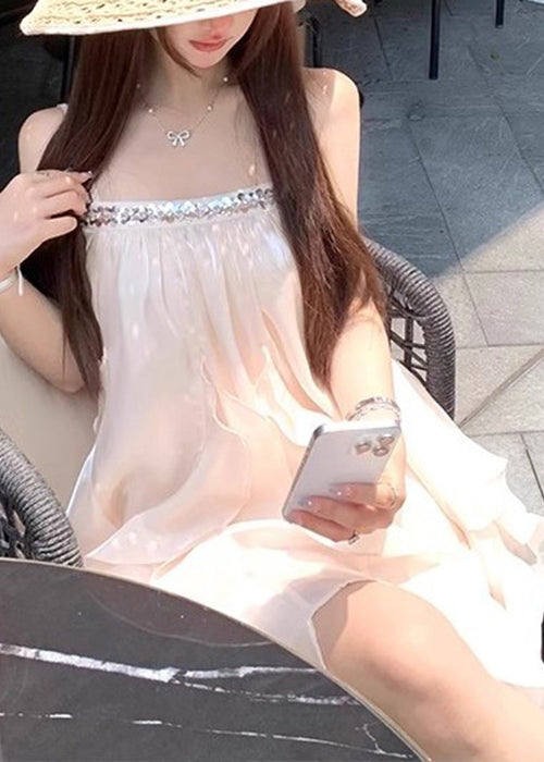 Elegant Apricot Sequins Solid Silk Spaghetti Strap Dress Sleeveless