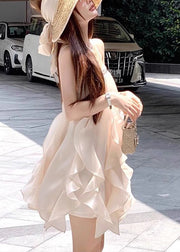 Elegant Apricot Sequins Solid Silk Spaghetti Strap Dress Sleeveless