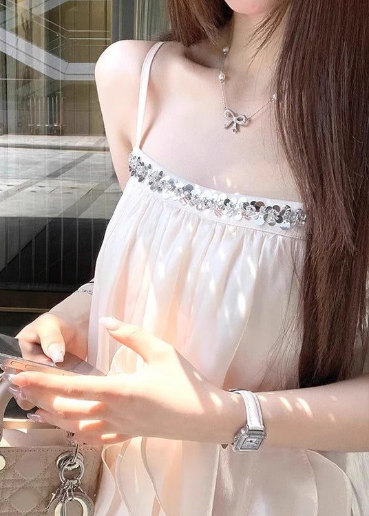 Elegant Apricot Sequins Solid Silk Spaghetti Strap Dress Sleeveless