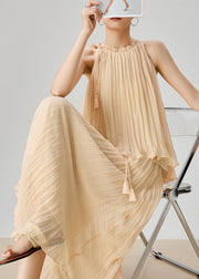 Elegant Apricot Wrinkled Tops And Skirts Chiffon Two Pieces Set Sleeveless