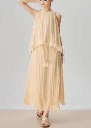 Elegant Apricot Wrinkled Tops And Skirts Chiffon Two Pieces Set Sleeveless