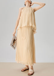 Elegant Apricot Wrinkled Tops And Skirts Chiffon Two Pieces Set Sleeveless