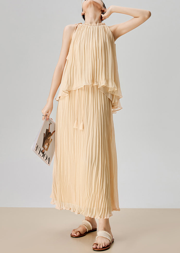 Elegant Apricot Wrinkled Tops And Skirts Chiffon Two Pieces Set Sleeveless
