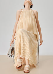 Elegant Apricot Wrinkled Tops And Skirts Chiffon Two Pieces Set Sleeveless