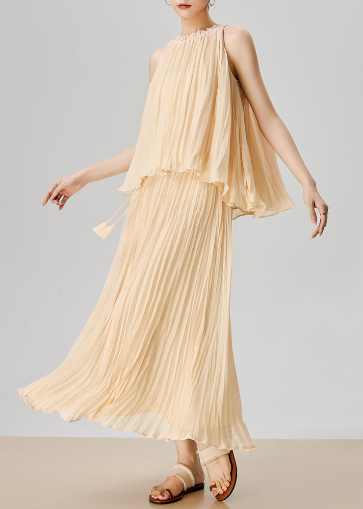 Elegant Apricot Wrinkled Tops And Skirts Chiffon Two Pieces Set Sleeveless