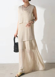 Elegant Beige Asymmetrical Hollow Out Tulle Two Piece Set Outfits Sleeveless