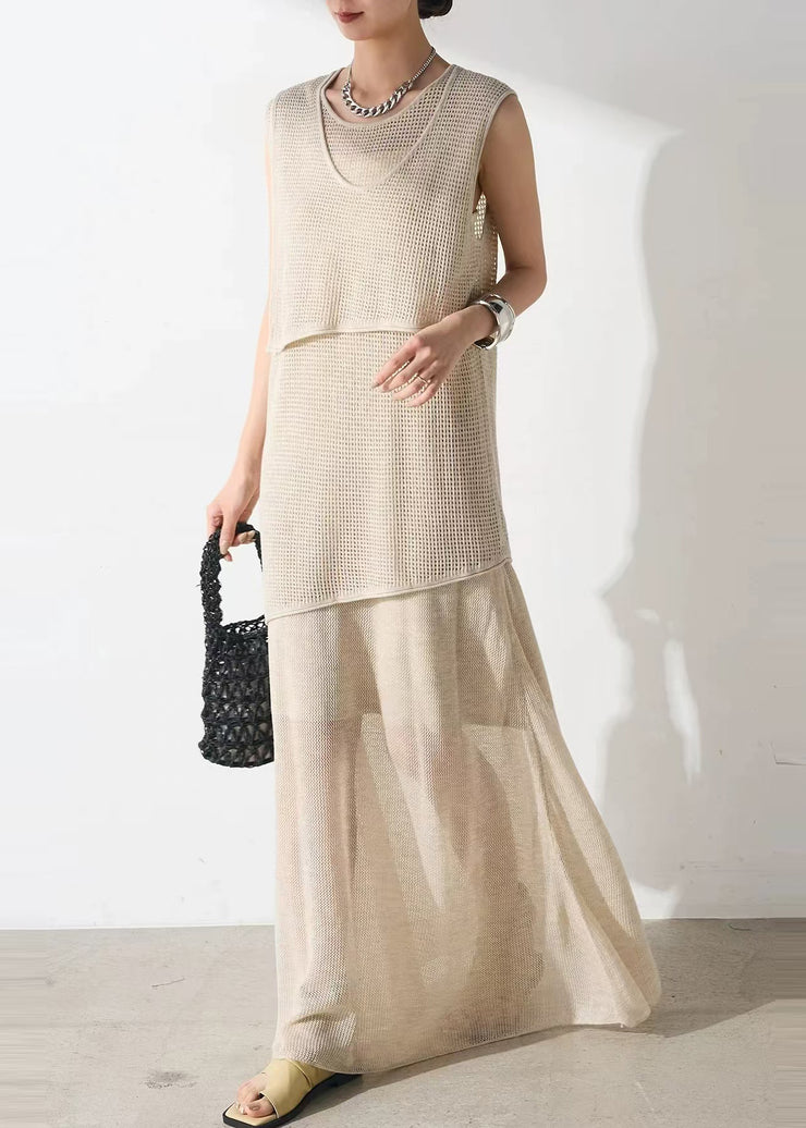 Elegant Beige Asymmetrical Hollow Out Tulle Two Piece Set Outfits Sleeveless