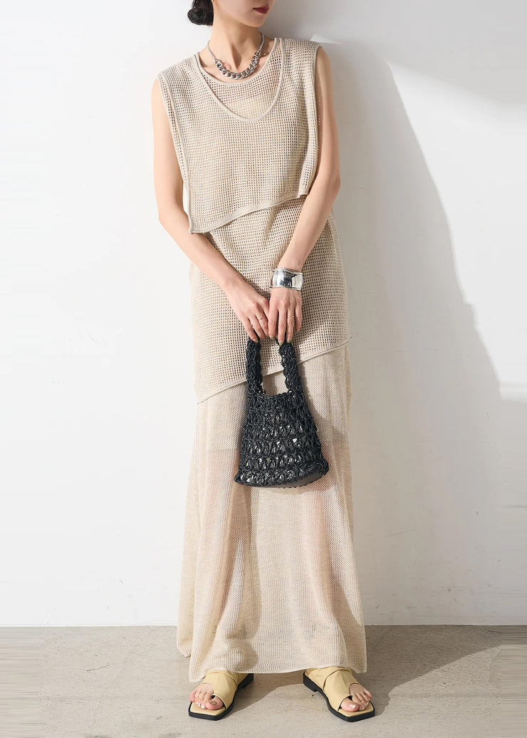 Elegant Beige Asymmetrical Hollow Out Tulle Two Piece Set Outfits Sleeveless