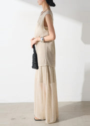 Elegant Beige Asymmetrical Hollow Out Tulle Two Piece Set Outfits Sleeveless