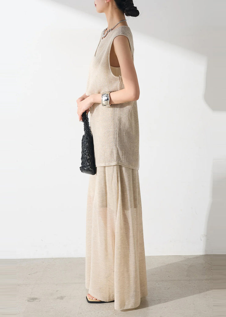 Elegant Beige Asymmetrical Hollow Out Tulle Two Piece Set Outfits Sleeveless