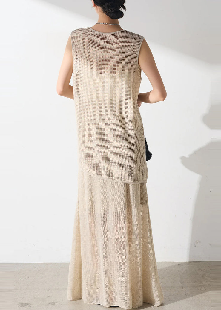 Elegant Beige Asymmetrical Hollow Out Tulle Two Piece Set Outfits Sleeveless