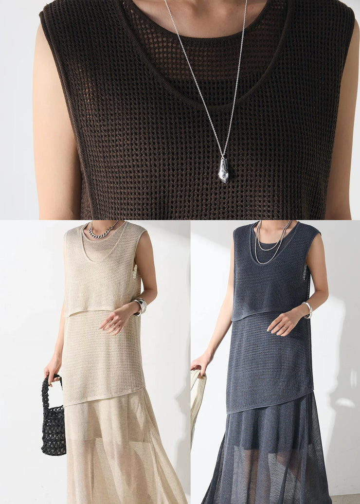 Elegant Beige Asymmetrical Hollow Out Tulle Two Piece Set Outfits Sleeveless
