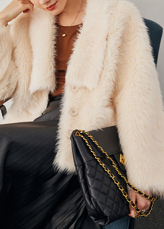 Elegant Beige Button Pockets Woolen Coat Winter