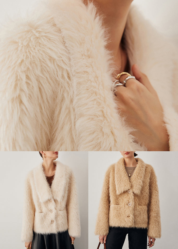 Elegant Beige Button Pockets Woolen Coat Winter