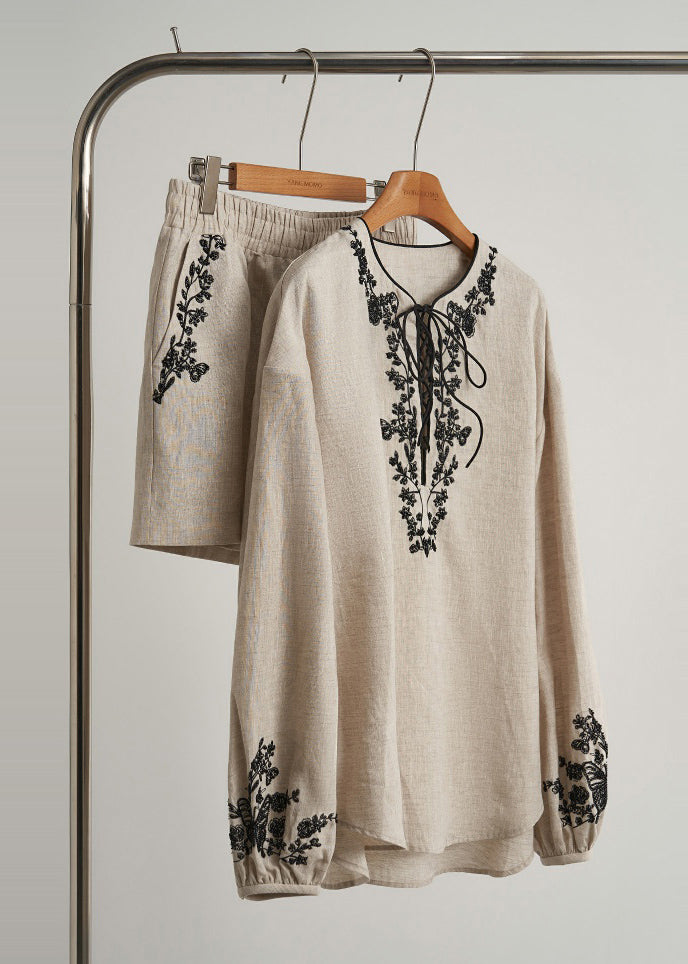 Elegant Beige Embroidered Linen Women Sets 2 Pieces Fall
