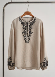 Elegant Beige Embroidered Linen Women Sets 2 Pieces Fall