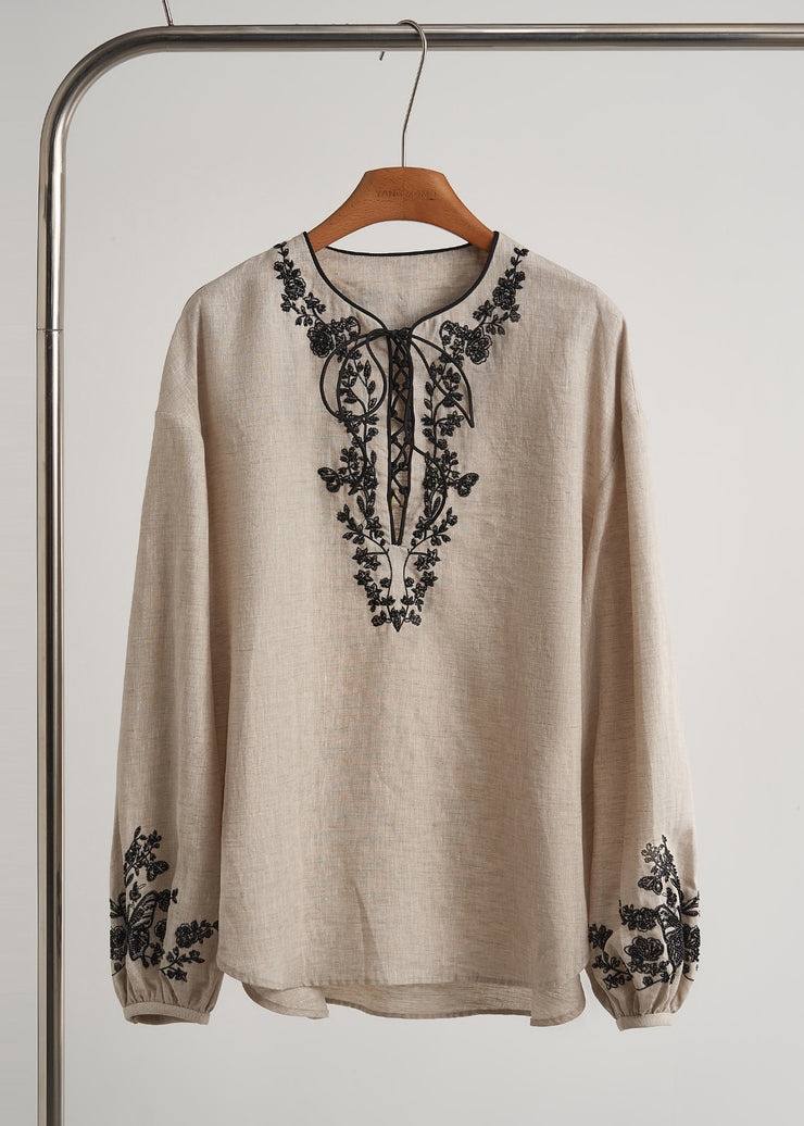 Elegant Beige Embroidered Linen Women Sets 2 Pieces Fall