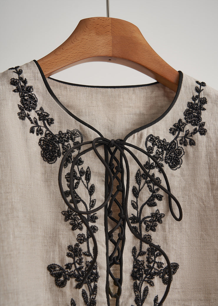 Elegant Beige Embroidered Linen Women Sets 2 Pieces Fall