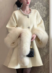 Elegant Beige Fur Collar Nail Bead Patchwork Woolen Trench Winter