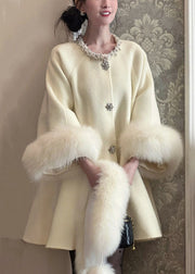 Elegant Beige Fur Collar Nail Bead Patchwork Woolen Trench Winter
