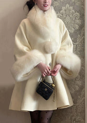 Elegant Beige Fur Collar Nail Bead Patchwork Woolen Trench Winter